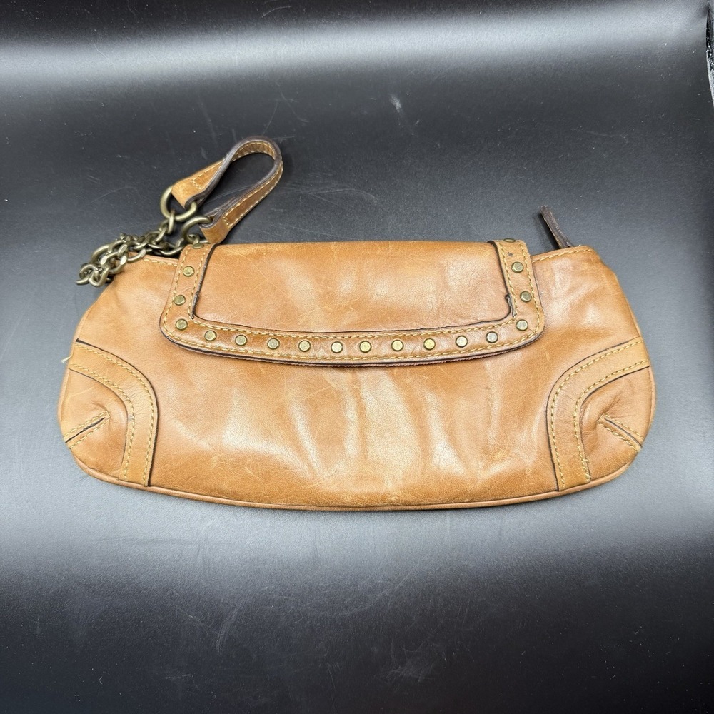 Fossil Tan Studded Leather Wristlet/Clutch With Chain Y2K